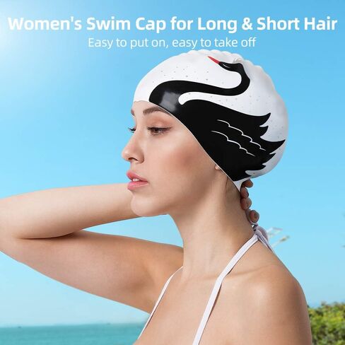 COPOZZ Adult Swim Cap, Silicone Waterproof Swimming Caps Stretchable Bathing Cap Comfortable Swimming Hat for Adults Youth Women Girls (Silver Swan) in Saudi Arabia