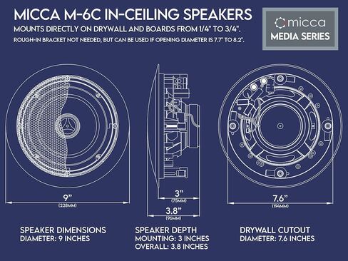 Micca M-6C 6.5 بوصة مكبر صوت في السقف صوت منزلي كامل، مسرح منزلي، داخلي، مغطى خارجي، مكبر صوت 6.5 بوصة، مكبر صوت 1 بوصة، قابل للطلاء، كل منها (متجدد) in Kuwait
