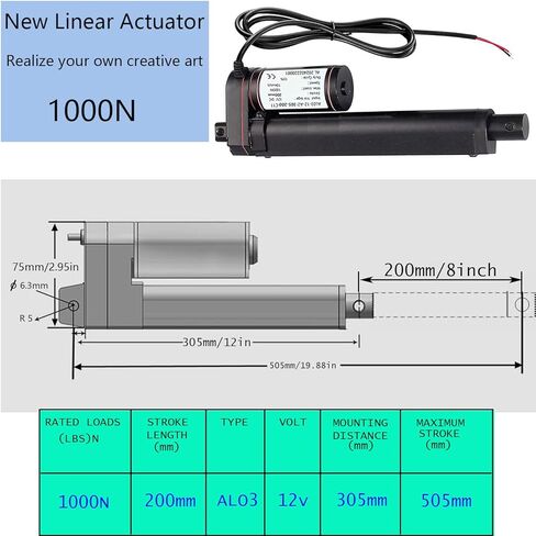 محرك خطي URANT مقاس 8 بوصات، سرعة عالية 1000 نيوتن 10 مم/ ثانية، محرك خطي شديد التحمل 12 فولت، مفتاح مقاوم للماء لحظي مع دعامة تثبيت لفتحة باب كهربائية للسيارات RV (200 مم) in Kuwait