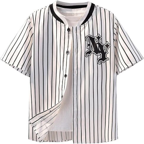 Floerns Boy's Striped Letter Pattern Button Front Short Sleeve Baseball Collar Shirts in Saudi Arabia