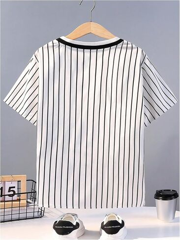 Floerns Boy's Striped Letter Pattern Button Front Short Sleeve Baseball Collar Shirts in Saudi Arabia