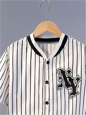 Floerns Boy's Striped Letter Pattern Button Front Short Sleeve Baseball Collar Shirts in Saudi Arabia