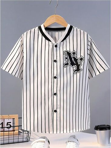 Floerns Boy's Striped Letter Pattern Button Front Short Sleeve Baseball Collar Shirts in Saudi Arabia