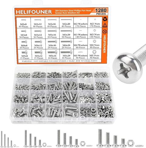 HELIFOUNER 1280 قطعة M2 M3 M4 M5 مسامير آلة رأس المقلاة فيليبس، مجموعة متنوعة من الغسالات المسطحة والصواميل، 304 من الفولاذ المقاوم للصدأ in Kuwait