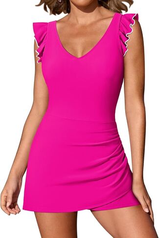 بدلة سباحة نسائية من Viottiset قطعة واحدة مكشكشة للتحكم في البطن ورقبة على شكل حرف V بدلة سباحة أنيقة مكشكشة تنورة in Kuwait