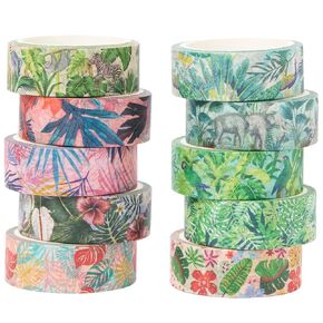 YUBX Plants Washi Tape Set in Painting Style 10 Rolls Tropical Rainforest Drawing Masking Animals Graphic Decorative Tapes for Arts, DIY Crafts, Journals, Planners, Scrapbook, Wrapping in Kuwait