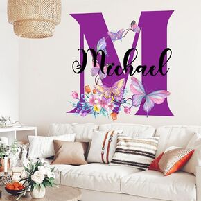 Custom Name Flower Decal Personalized Initial Letter Butterflies Flowers Transparent Waterproofs Wall Decals - Room Decor for Kids Bedroom, Wall, Window, Door, Watter Bottle, Notebook for Men Women in Saudi Arabia