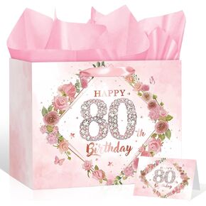 Pink 80th Birthday Gift Bag Happy 80th Birthday Wrap Bag with Card and Tissue Paper Silver 80 Years Old Gift Wrapping Paper Pink Floral 80th Gift Bag for Her Women Mom Bday Decorations Party Supplies in Saudi Arabia
