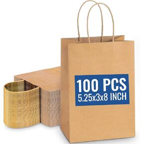 SNH Packing 100 Pcs 5.25x3x8 Inch Kraft Paper Gift Bags with Handles Brown Grocery Bag Small Size Ideal bags for small business, Party Favor, Bulk Retail & Shopping in Saudi Arabia
