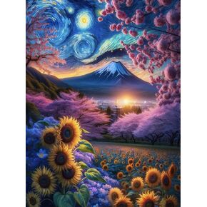 Pixendra Mount Fuji Diamond Art Kits للبالغين، 5D عباد الشمس ساكورا الماس مجموعات الطلاء للمبتدئين، DIY الحفر الكامل النقاط جوهرة الفن الطلاء لديكور جدار المنزل 12 × 16 بوصة in Kuwait