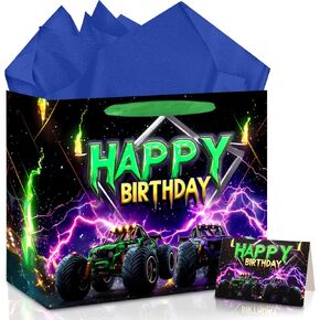 حقيبة هدايا عيد ميلاد شاحنة مونستر من جوكوبويرتو - حقيبة هدايا عيد ميلاد سعيد كبيرة جدًا مقاس 16.5 بوصة مع مناديل ورقية وبطاقة للأولاد والأطفال لوازم الحفلات التي تحمل طابع الشاحنة in Kuwait