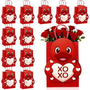 ForraFun 12 Pcs Valentine's Day Rubber Duck Gift Bags Bulk Funny Valentines Gifts for Kids Classroom Exchange Valentines Day Floral Bags with Handles for Valentine's School Class Party Favor Supplies in Kuwait
