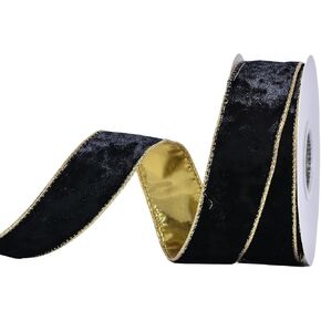 شريط سلكي مخملي أسود من Ribest مقاس 1 1/2 بوصة مع حافة ذهبية لتغليف هدايا شجرة عيد الميلاد مصنوعات تزيين إكليل الزهور بطول 10 ياردات in Kuwait