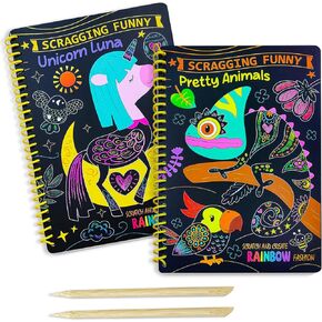 JUNQIU Easter Basket Stuffers, 2 Pack Animal & Unicorn Scratch Art for Kids, Rainbow Scratch Paper Art Notebook, Arts and Crafts for Boys Girls, Birthday Gifts Party Games in Saudi Arabia