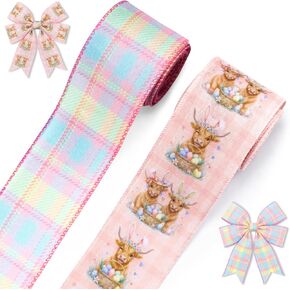 Threetols 2 Rolls 10 Yards Easter Wired Edge Ribbons, 2.5inch Colorful Alpine Cattle Burlap Ribbon, Pink White Buffalo Plaid Ribbon for Spring DIY Craft Wreath Bow Easter Party Decor in Kuwait