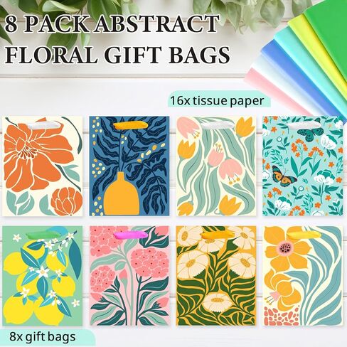 8 Pack Gift Bags with Tissue Paper Medium Size 9.8"x 7.8"x 4.7", Assorted Designs Paper Bags with Handles, Gift Bags Bulk for Birthday, Mother's Day, Easter Day, Baby Showers, Bridal Showers, Wedding Any Occasion in Saudi Arabia