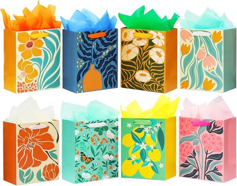 8 Pack Gift Bags with Tissue Paper Medium Size 9.8"x 7.8"x 4.7", Assorted Designs Paper Bags with Handles, Gift Bags Bulk for Birthday, Mother's Day, Easter Day, Baby Showers, Bridal Showers, Wedding Any Occasion in Saudi Arabia