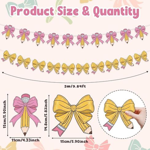 2Pcs Teacher Pencil Gift Bag Bow Banner, Return to School Pencil Bow Banner, Used for Back to School Decoration First Day Classroom Decoration Party Supplies, Classroom Wall Photo Prop Decoration in Kuwait