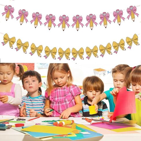 2Pcs Teacher Pencil Gift Bag Bow Banner, Return to School Pencil Bow Banner, Used for Back to School Decoration First Day Classroom Decoration Party Supplies, Classroom Wall Photo Prop Decoration in Kuwait