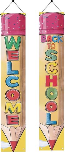 2PCS Back to School Porch Banners 71 x 12 Inch Pencil Shaped Welcome Sign Hanging Decorations for Classroom Door School Entry Hallway Wall Outdoor First Day of School Party Decor in Saudi Arabia