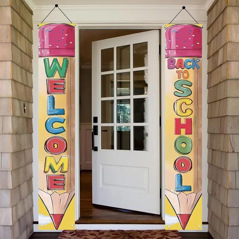 2PCS Back to School Porch Banners 71 x 12 Inch Pencil Shaped Welcome Sign Hanging Decorations for Classroom Door School Entry Hallway Wall Outdoor First Day of School Party Decor in Saudi Arabia