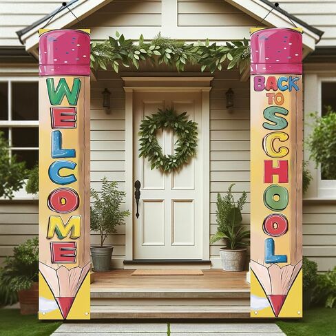 2PCS Back to School Porch Banners 71 x 12 Inch Pencil Shaped Welcome Sign Hanging Decorations for Classroom Door School Entry Hallway Wall Outdoor First Day of School Party Decor in Saudi Arabia