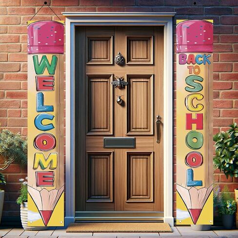 2PCS Back to School Porch Banners 71 x 12 Inch Pencil Shaped Welcome Sign Hanging Decorations for Classroom Door School Entry Hallway Wall Outdoor First Day of School Party Decor in Saudi Arabia