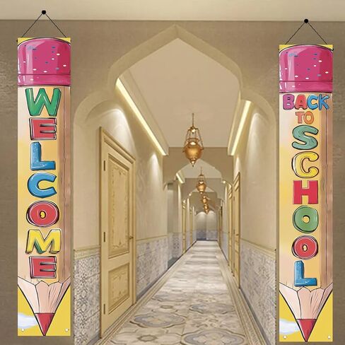 2PCS Back to School Porch Banners 71 x 12 Inch Pencil Shaped Welcome Sign Hanging Decorations for Classroom Door School Entry Hallway Wall Outdoor First Day of School Party Decor in Saudi Arabia