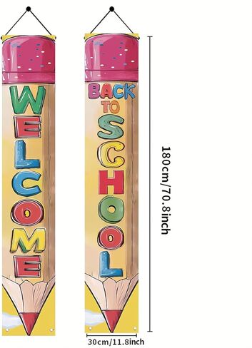 2PCS Back to School Porch Banners 71 x 12 Inch Pencil Shaped Welcome Sign Hanging Decorations for Classroom Door School Entry Hallway Wall Outdoor First Day of School Party Decor in Saudi Arabia