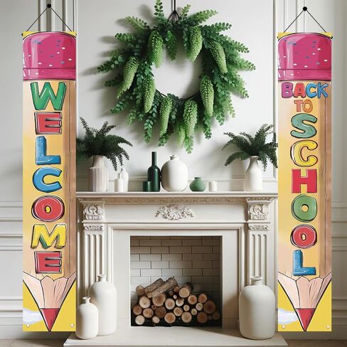 2PCS Back to School Porch Banners 71 x 12 Inch Pencil Shaped Welcome Sign Hanging Decorations for Classroom Door School Entry Hallway Wall Outdoor First Day of School Party Decor in Saudi Arabia