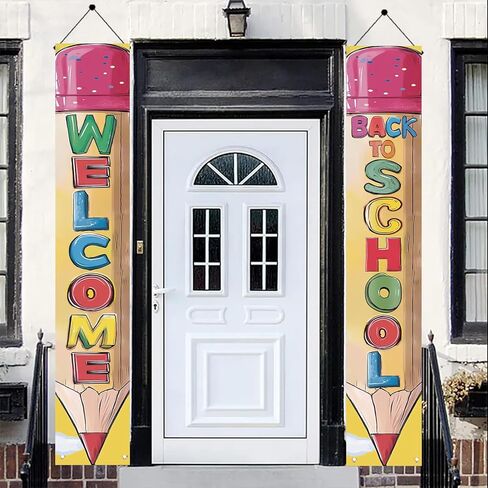 2PCS Back to School Porch Banners 71 x 12 Inch Pencil Shaped Welcome Sign Hanging Decorations for Classroom Door School Entry Hallway Wall Outdoor First Day of School Party Decor in Saudi Arabia