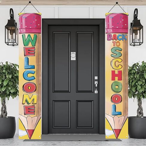 2PCS Back to School Porch Banners 71 x 12 Inch Pencil Shaped Welcome Sign Hanging Decorations for Classroom Door School Entry Hallway Wall Outdoor First Day of School Party Decor in Saudi Arabia