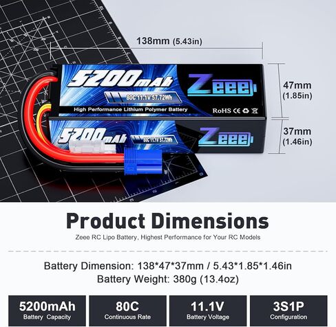 Zeee 3S Lipo Battery 5200mAh 11.1V 80C with EC5 Connector Hard Case Battery for RC Car Boat Truck Helicopter Airplane Racing Models in Saudi Arabia