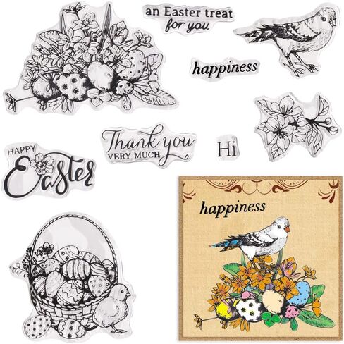 Happy Easter Words Clear Stamps for Card Making, Easter Eggs Birds Clear Stamps Easter Animals Background Transparent Rubber Seal Stamps for DIY Photo Scrapbooking Card Album Crafting Supplies in Saudi Arabia