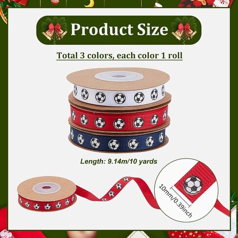 أشرطة كرة القدم PH PandaHall بطول 30 ياردة، أشرطة Grosgrain مقاس 3/8 بوصة، أشرطة رياضية ذات طابع رياضي لتغليف الهدايا، أشرطة الفريق، وأقواس الشعر، والحرف اليدوية، وتزيين الحفلات (أبيض، أحمر، أزرق)، 3 بكرات in Kuwait
