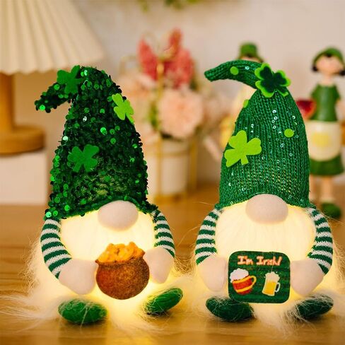 FAVOMOTO Luminous St. Patrick Day Gnomes Doll, Green Plush Shamrock Gnomes Figurine Decorations Irish Dwarf Table Centerpiece for Festival Decoration and Party Photo Prop in Saudi Arabia