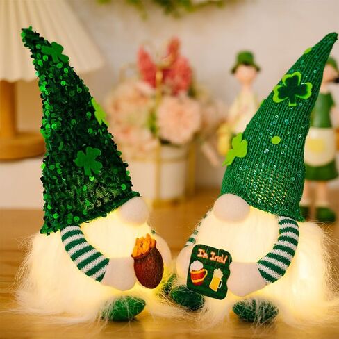 FAVOMOTO Luminous St. Patrick Day Gnomes Doll, Green Plush Shamrock Gnomes Figurine Decorations Irish Dwarf Table Centerpiece for Festival Decoration and Party Photo Prop in Saudi Arabia