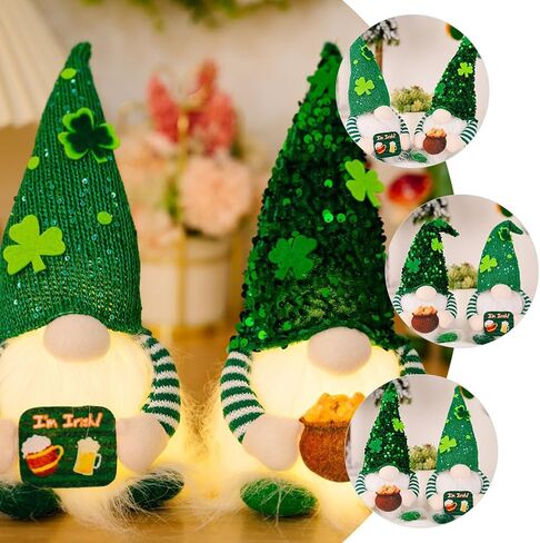 FAVOMOTO Luminous St. Patrick Day Gnomes Doll, Green Plush Shamrock Gnomes Figurine Decorations Irish Dwarf Table Centerpiece for Festival Decoration and Party Photo Prop in Saudi Arabia