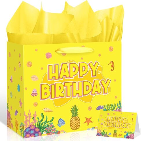 Ocean Pineapple Birthday Gift Bag with Tissue Paper Card Yellow Ocean Jellyfish Seaweed Birthday Wrapping Paper Bag for Kids Under the Sea Hawaiian Cartoon Bday Baby Shower Party Favor Supplies in Saudi Arabia