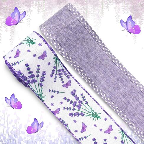 2 Rolls Spring Craft Ribbons for Wreath Bows, 2.5"×10 Yards Wired Edge White Purple Burlap Flowers Lavender Wired Ribbons for Crafting Sewing DIY Crafts Supplies in Saudi Arabia