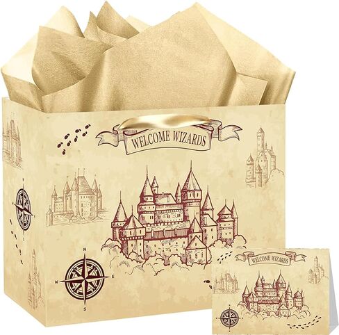 Magical Wizard Gift Bag, Large Wizard Theme Birthday Gift Bag, with Card and Tissue Paper, Christmas Party Favors Supplies for Baby Shower, Kids, Boys, Girls, Birthday, Christmas Celebrations in Saudi Arabia