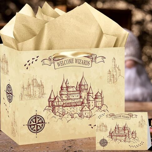 Magical Wizard Gift Bag, Large Wizard Theme Birthday Gift Bag, with Card and Tissue Paper, Christmas Party Favors Supplies for Baby Shower, Kids, Boys, Girls, Birthday, Christmas Celebrations in Saudi Arabia