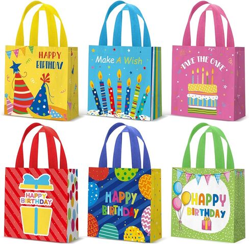 Wesnoy 24 Pcs Happy Birthday Gift Bags Bulk 8 x 10 x 4 in Birthday Gift Bags Reusable Goodie Non Woven Tote Bag with Handles Cake Candy Gifts Wrap for Baby Shower Party Supplies in Saudi Arabia