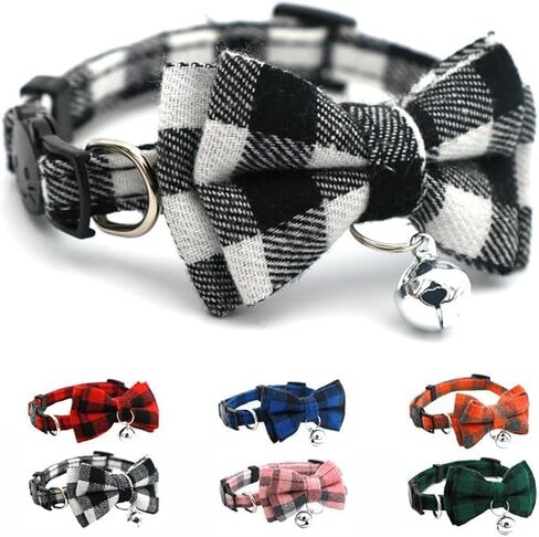Bow Kitten Collar with Bell, Breakaway Puppy Collar Bell with Bowtie Christmas Dog Collars Female for Small Tiny Little Pet Dogs (White Plaid, Neck 7.9-11 inch) in Saudi Arabia