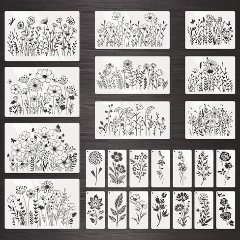 24 Pcs Stencils for Crafts Reusable, Floral Painting Templates - Flower, Leaf, Branch Botanical Nature Designs for DIY Wood Canvas Wall Card Scrapbook Decor in Kuwait