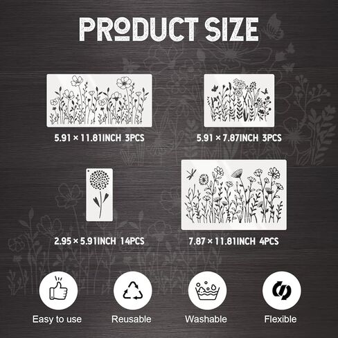 24 Pcs Stencils for Crafts Reusable, Floral Painting Templates - Flower, Leaf, Branch Botanical Nature Designs for DIY Wood Canvas Wall Card Scrapbook Decor in Kuwait