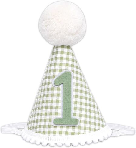 1st Birthday Hat for Baby Boy Girl-Green Gingham First Birthday Cap with Number 1 & Pom Poms, Cute Photo Prop for Baby's 1 Year Old Milestone Party in Saudi Arabia