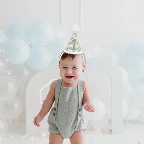 1st Birthday Hat for Baby Boy Girl-Green Gingham First Birthday Cap with Number 1 & Pom Poms, Cute Photo Prop for Baby's 1 Year Old Milestone Party in Saudi Arabia