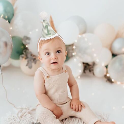 1st Birthday Hat for Baby Boy Girl-Green Gingham First Birthday Cap with Number 1 & Pom Poms, Cute Photo Prop for Baby's 1 Year Old Milestone Party in Saudi Arabia