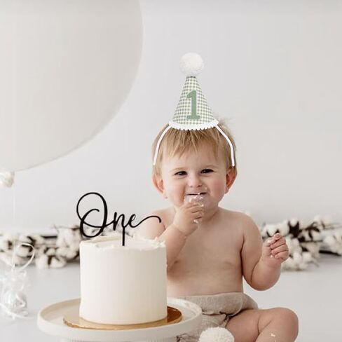 1st Birthday Hat for Baby Boy Girl-Green Gingham First Birthday Cap with Number 1 & Pom Poms, Cute Photo Prop for Baby's 1 Year Old Milestone Party in Saudi Arabia